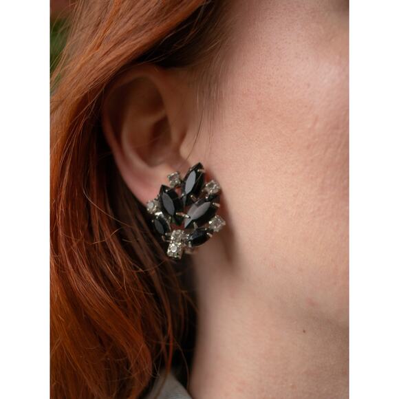 Black and Silver Vintage Glam Clip On Earrings - Picture 1 of 3